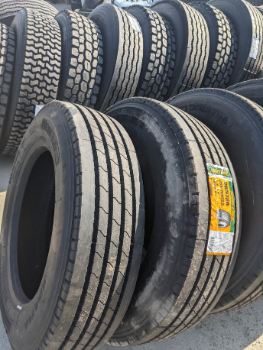 Another photo of truck and trailer tires for sale at CFI Tire Service  in Glenwood and Council Bluffs, IA. You can see a sticker on one of the tires with manufacturer information